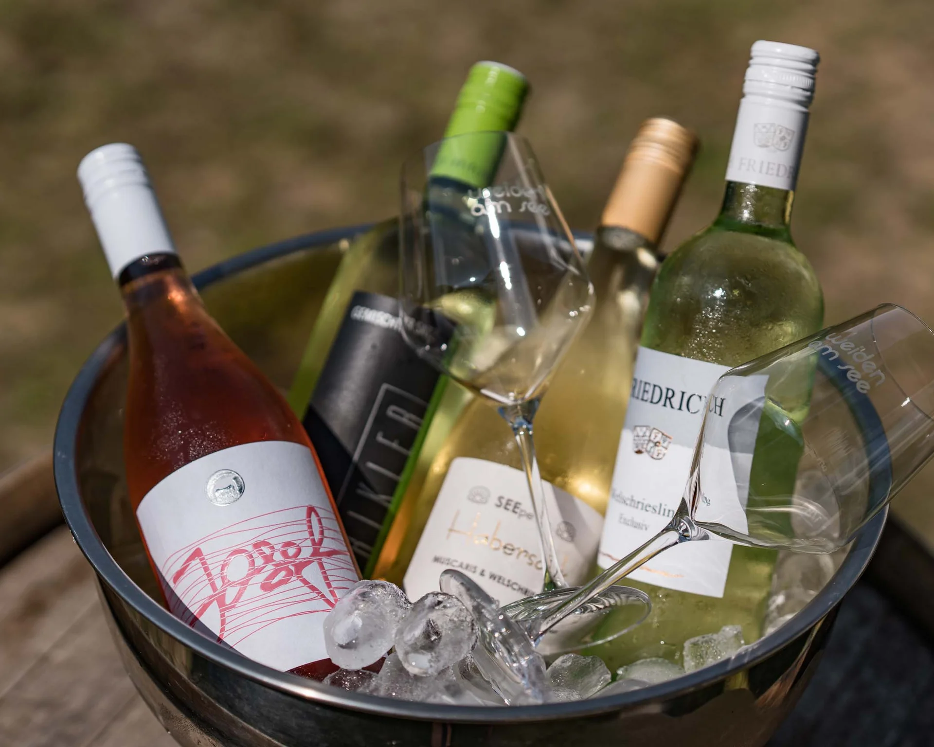 Impressionen aus dem Luis von Weyden Fünf Flaschen Wein in einem Eiskübel mit zwei leeren Weingläsern