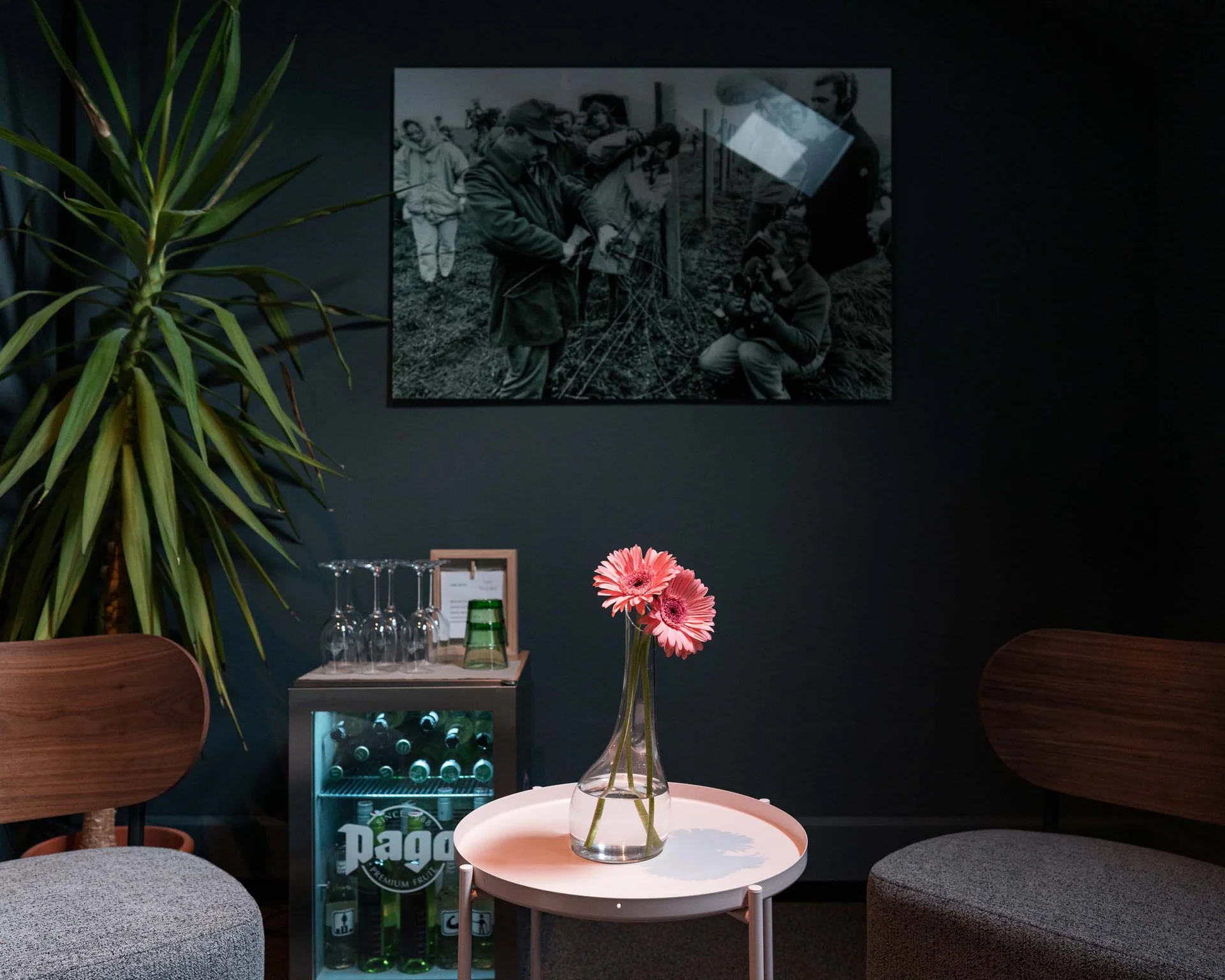 Impressionen aus dem Luis von Weyden Gemütliche Ecke mit zwei Stühlen, Tisch, Vase mit Blumen und Pflanzen in dunklem Raum